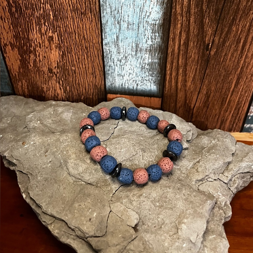 Genuine Blue and Pink lava stone with hematite accents, diffuser Bracelet